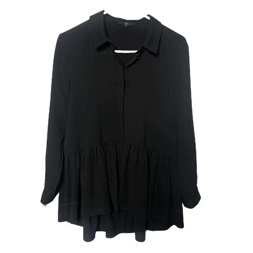Tibi Peplum Blouse Women’s 2 Black Crepe long sleeve button up ruffle bottom